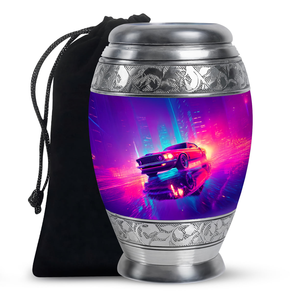 Bright Blue Car Cremation Urn back view with polished surface - majestic car pattern with filigree border - full-size 10 inch 200 cubic inch adult cremation urn