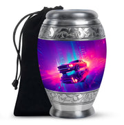 Bright Blue Car Cremation Urn back view with polished surface - majestic car pattern with filigree border - full-size 10 inch 200 cubic inch adult cremation urn