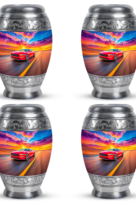 Serene Blue Car Cremation Urn urn with complimentary velvet bag - royal car engraving with decorative scrollwork - 10 inch aluminum urn for cremated remains