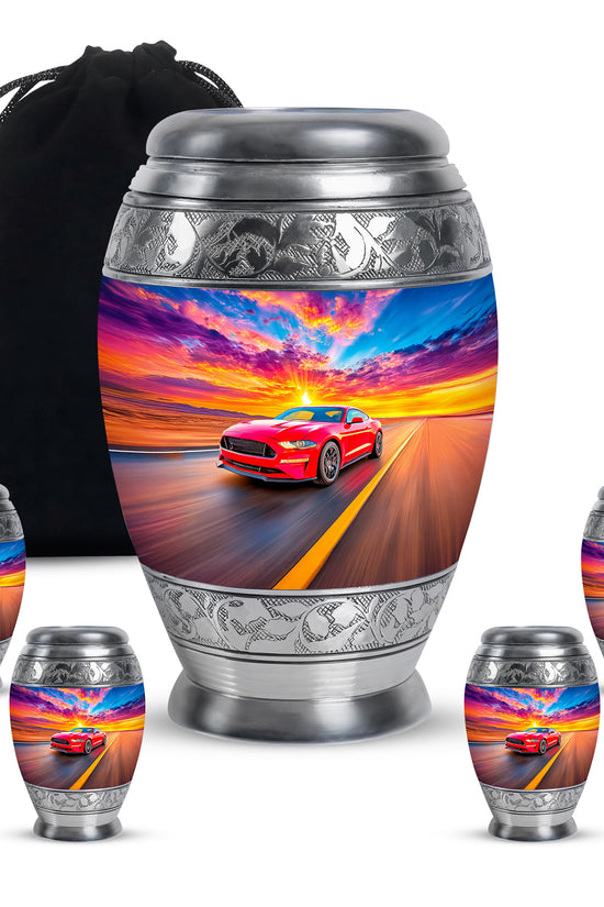 Sky Blue Car Cremation Urn detail view - regal car design with crown-inspired accents - memorial set with one large and four small urns