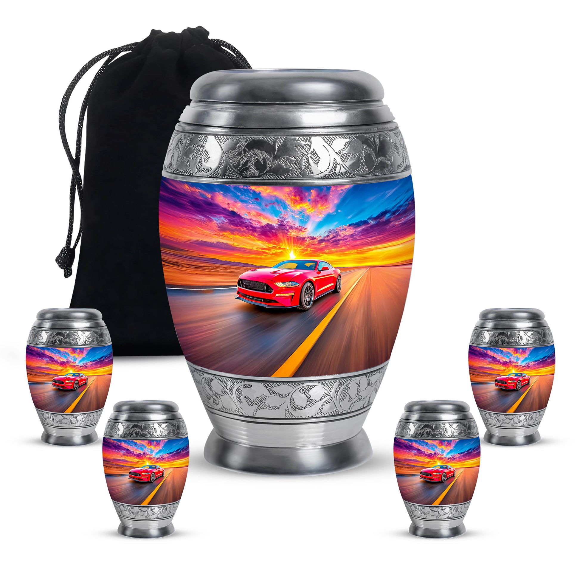 Sky Blue Car Cremation Urn detail view - regal car design with crown-inspired accents - memorial set with one large and four small urns