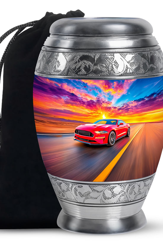 Pastel Blue Car Cremation Urn back view with polished surface - regal car design with crown-inspired accents - full-size 10 inch 200 cubic inch adult cremation urn