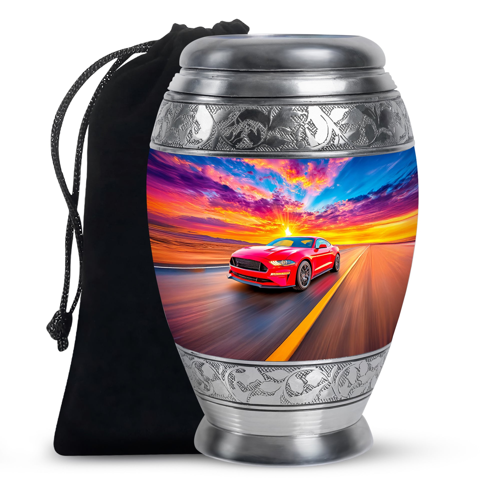 Pastel Blue Car Cremation Urn back view with polished surface - regal car design with crown-inspired accents - full-size 10 inch 200 cubic inch adult cremation urn
