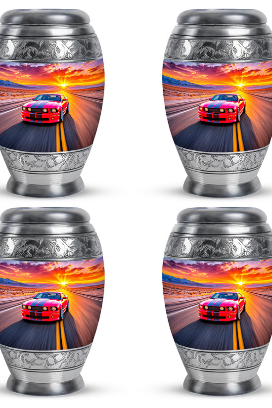 Petal Pink Car Cremation Urn urn with complimentary velvet bag - royal car engraving with decorative scrollwork - 10 inch aluminum urn for cremated remains