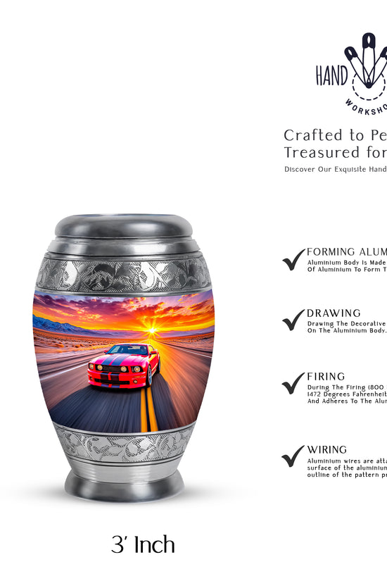 Pastel Pink Car Cremation Urn lifestyle display on memorial shelf - ornate monarch-style car relief on brushed aluminum - mini keepsake memorial for portion of cremation ashes