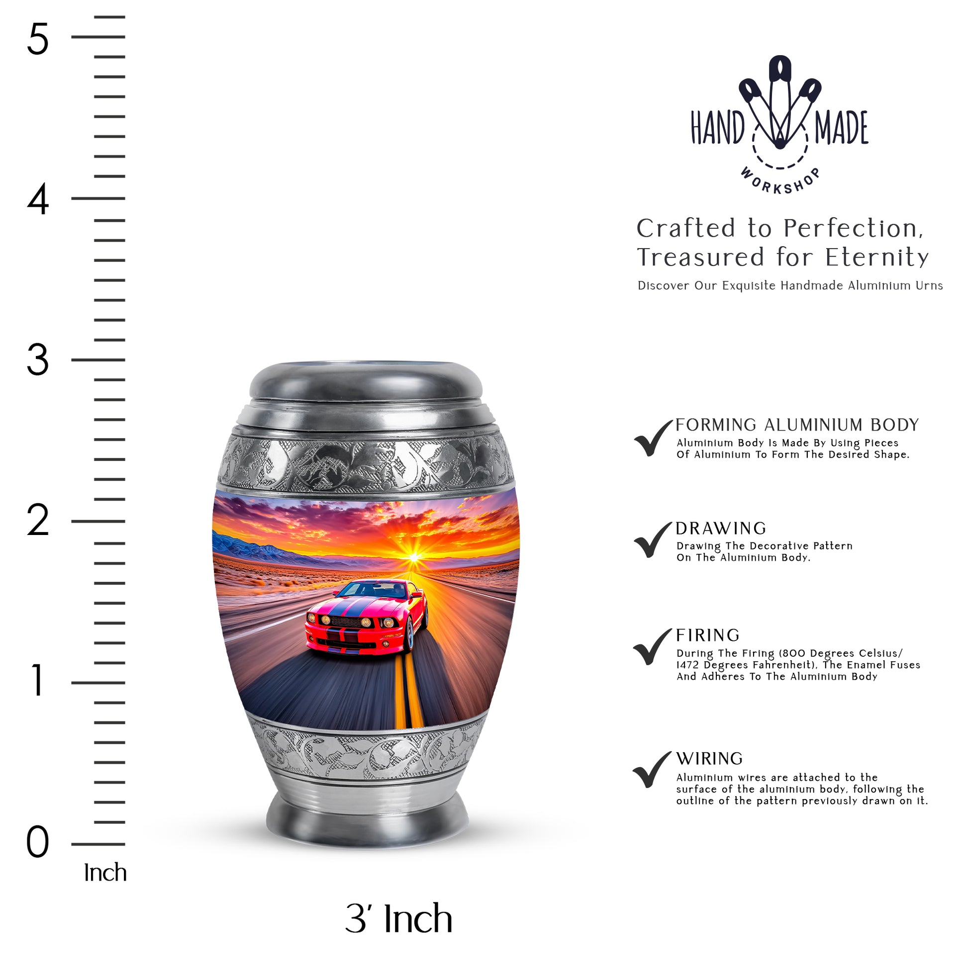 Pastel Pink Car Cremation Urn lifestyle display on memorial shelf - ornate monarch-style car relief on brushed aluminum - mini keepsake memorial for portion of cremation ashes