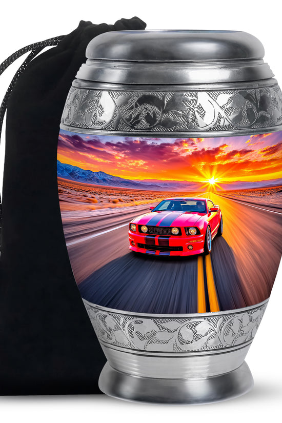 Salmon Pink Car Cremation Urn back view with polished surface - majestic car pattern with filigree border - full-size 10 inch 200 cubic inch adult cremation urn