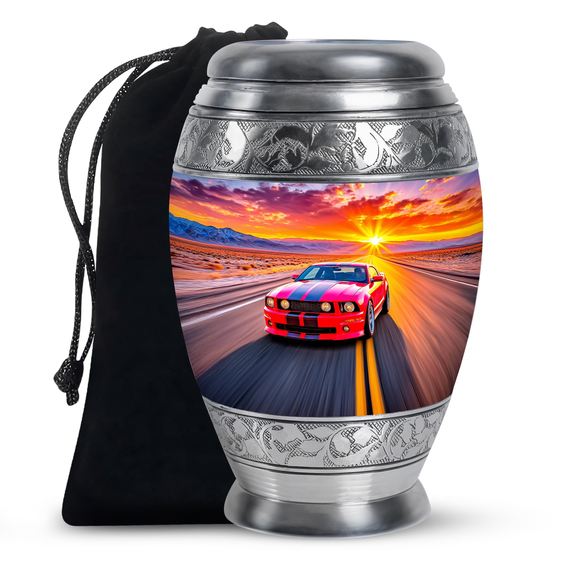 Salmon Pink Car Cremation Urn back view with polished surface - majestic car pattern with filigree border - full-size 10 inch 200 cubic inch adult cremation urn