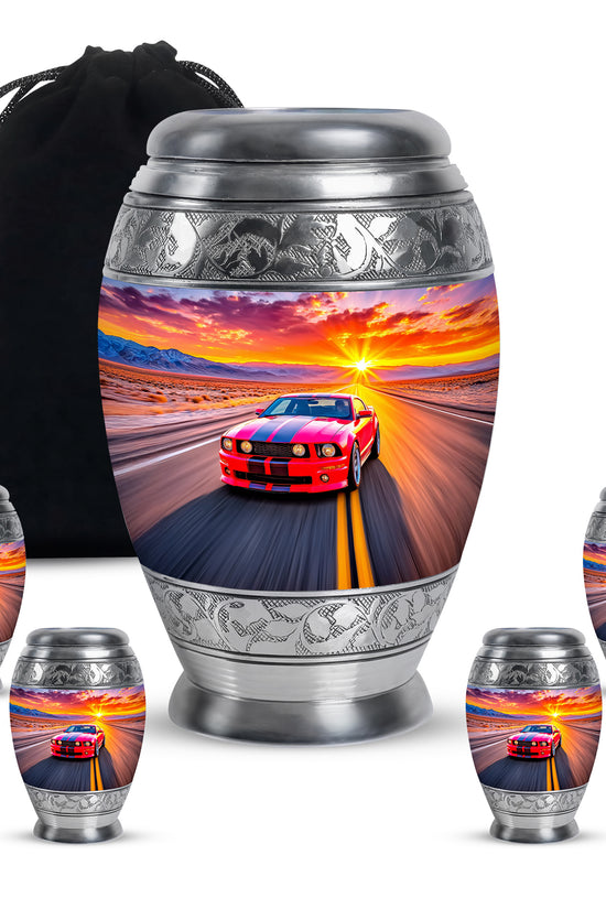 Vintage Pink Car Cremation Urn detail view - royal car engraving with decorative scrollwork - memorial set with one large and four small urns