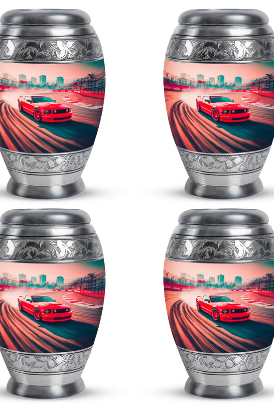 Fiery Red Car Cremation Urn urn with complimentary velvet bag - majestic car pattern with filigree border - 10 inch aluminum urn for cremated remains