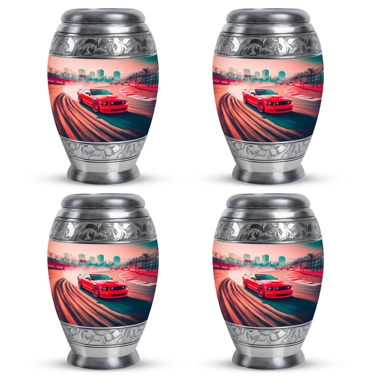 Fiery Red Car Cremation Urn urn with complimentary velvet bag - majestic car pattern with filigree border - 10 inch aluminum urn for cremated remains