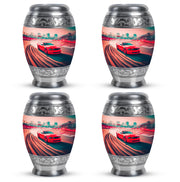 Fiery Red Car Cremation Urn urn with complimentary velvet bag - majestic car pattern with filigree border - 10 inch aluminum urn for cremated remains