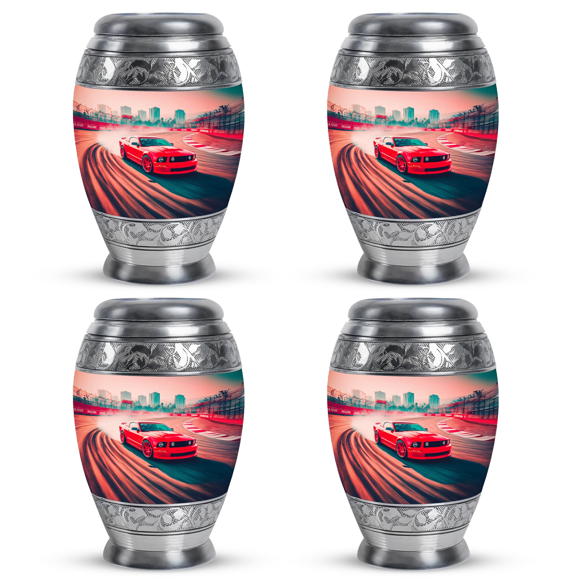 Fiery Red Car Cremation Urn urn with complimentary velvet bag - majestic car pattern with filigree border - 10 inch aluminum urn for cremated remains