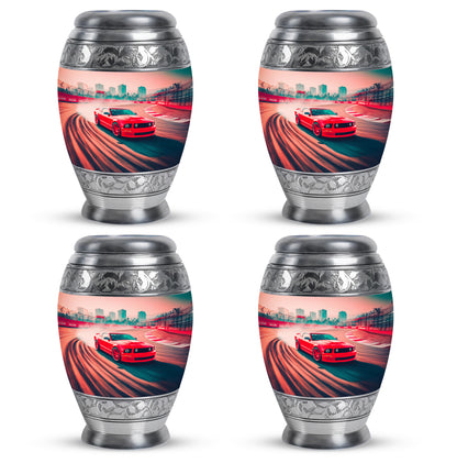 Fiery Red Car Cremation Urn urn with complimentary velvet bag - majestic car pattern with filigree border - 10 inch aluminum urn for cremated remains