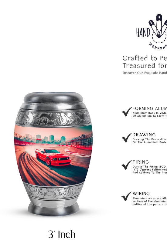 Burgundy Red Car Cremation Urn lifestyle display on memorial shelf - regal car design with crown-inspired accents - mini keepsake memorial for portion of cremation ashes