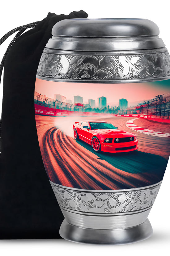 Wine Red Car Cremation Urn back view with polished surface - regal car design with crown-inspired accents - full-size 10 inch 200 cubic inch adult cremation urn
