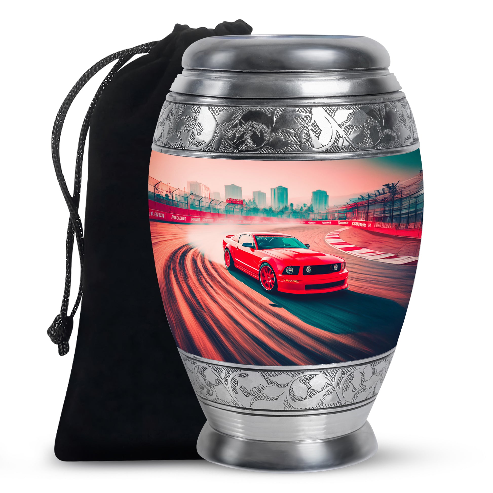 Wine Red Car Cremation Urn back view with polished surface - regal car design with crown-inspired accents - full-size 10 inch 200 cubic inch adult cremation urn