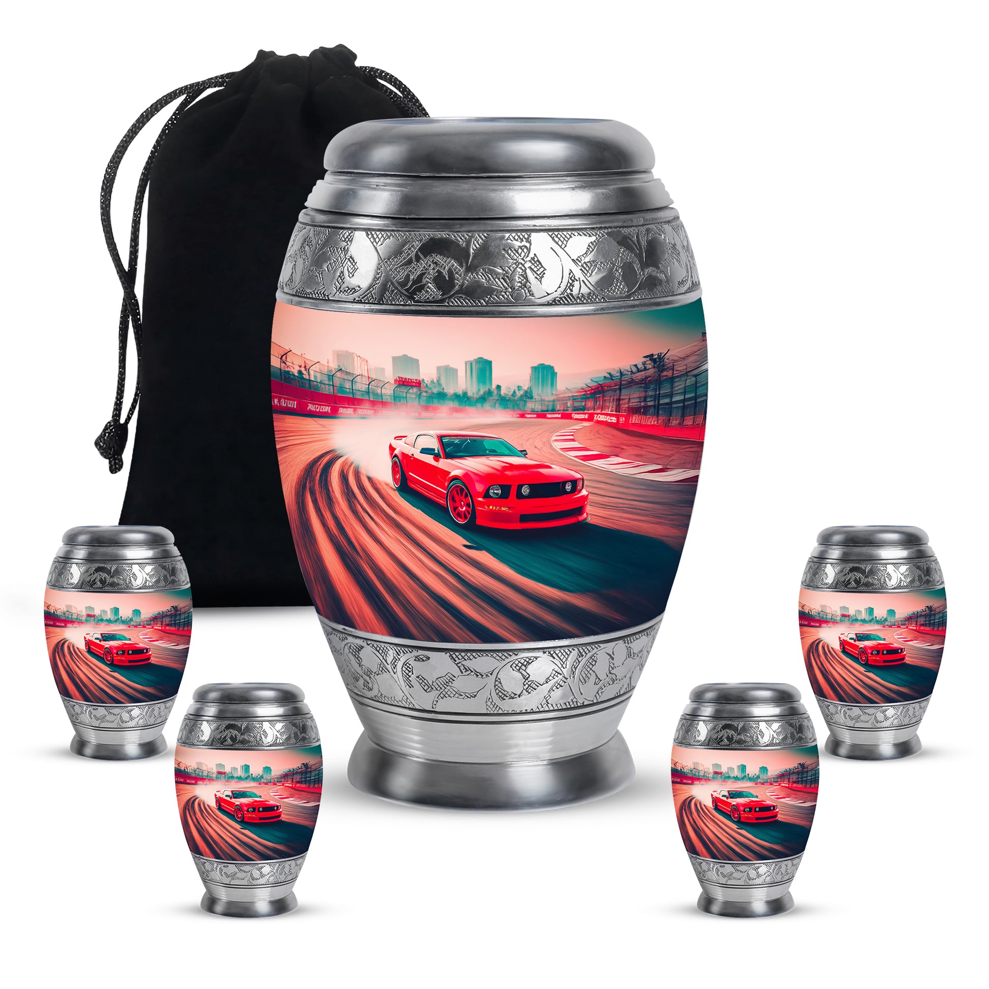 Scarlet Red Car Cremation Urn detail view - royal car engraving with decorative scrollwork - memorial set with one large and four small urns