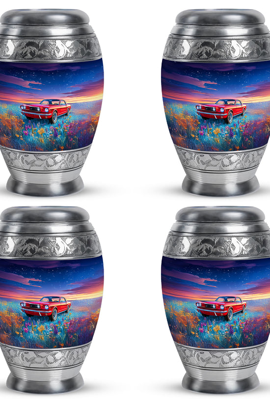 Indigo Car Cremation Urn urn with complimentary velvet bag - ornate monarch-style car relief on brushed aluminum - 10 inch aluminum urn for cremated remains