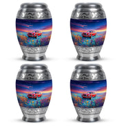 Indigo Car Cremation Urn urn with complimentary velvet bag - ornate monarch-style car relief on brushed aluminum - 10 inch aluminum urn for cremated remains