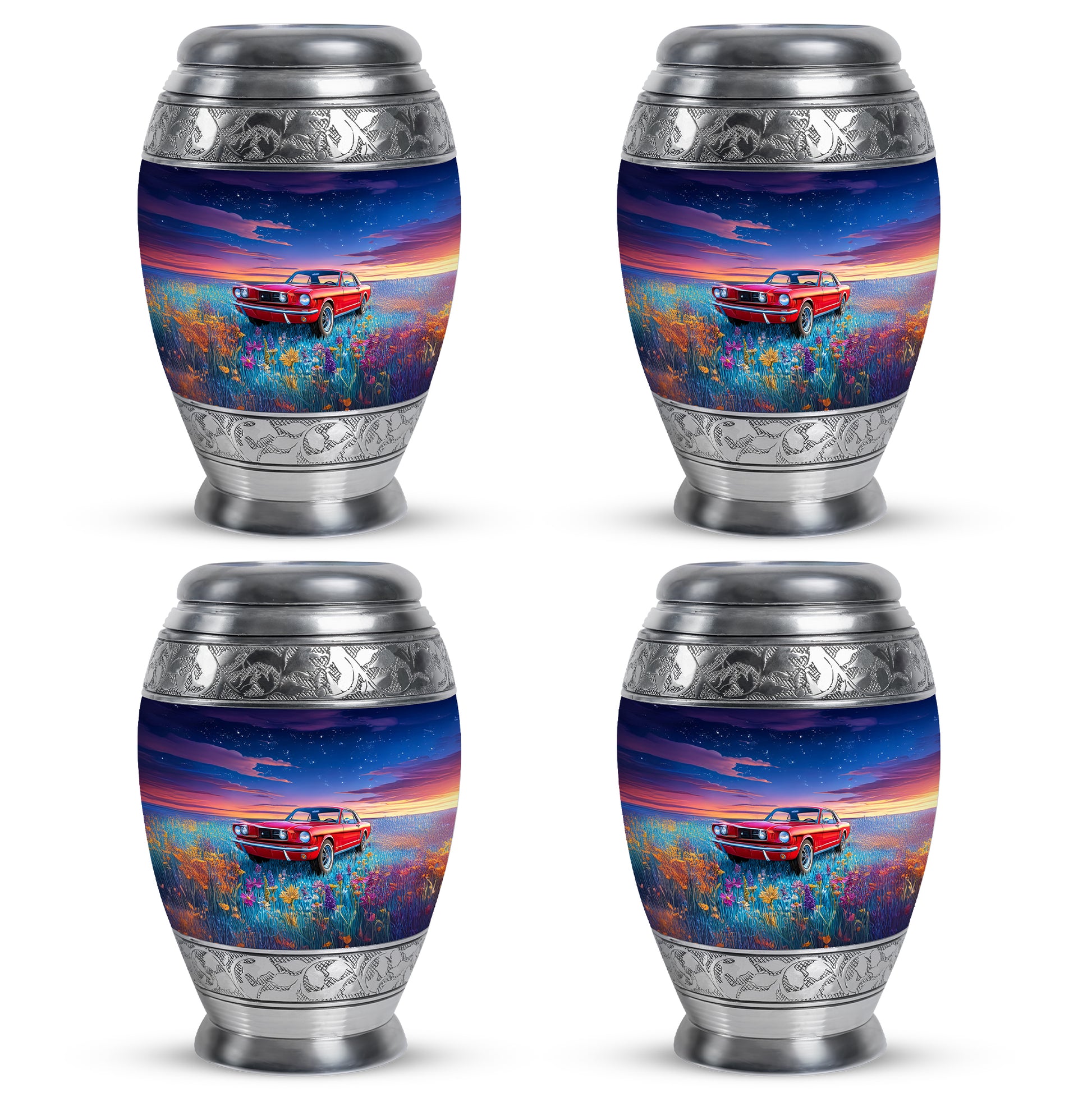 Indigo Car Cremation Urn urn with complimentary velvet bag - ornate monarch-style car relief on brushed aluminum - 10 inch aluminum urn for cremated remains
