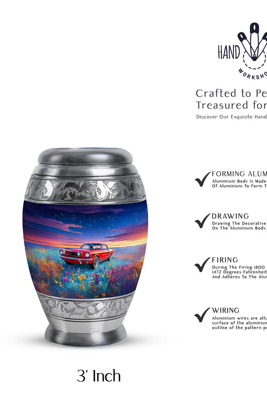 Steel Blue Car Cremation Urn lifestyle display on memorial shelf - majestic car pattern with filigree border - mini keepsake memorial for portion of cremation ashes
