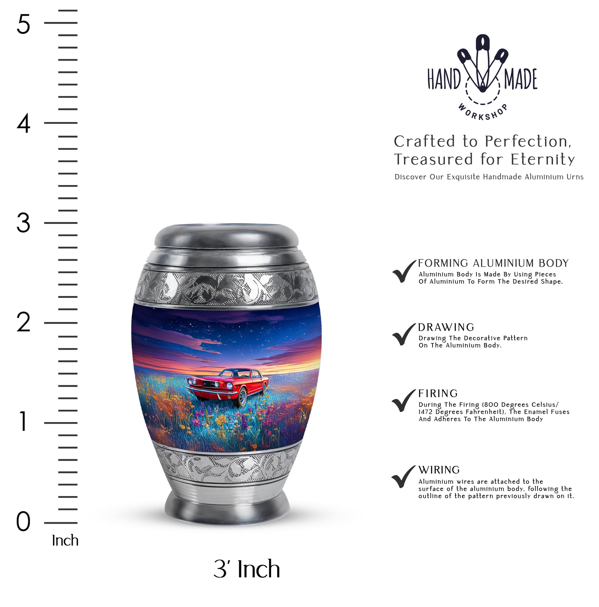 Steel Blue Car Cremation Urn lifestyle display on memorial shelf - majestic car pattern with filigree border - mini keepsake memorial for portion of cremation ashes