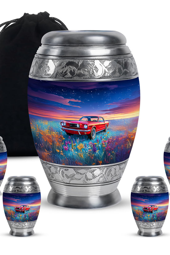 Vivid Blue Car Cremation Urn detail view - royal car engraving with decorative scrollwork - memorial set with one large and four small urns