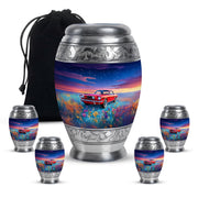 Vivid Blue Car Cremation Urn detail view - royal car engraving with decorative scrollwork - memorial set with one large and four small urns