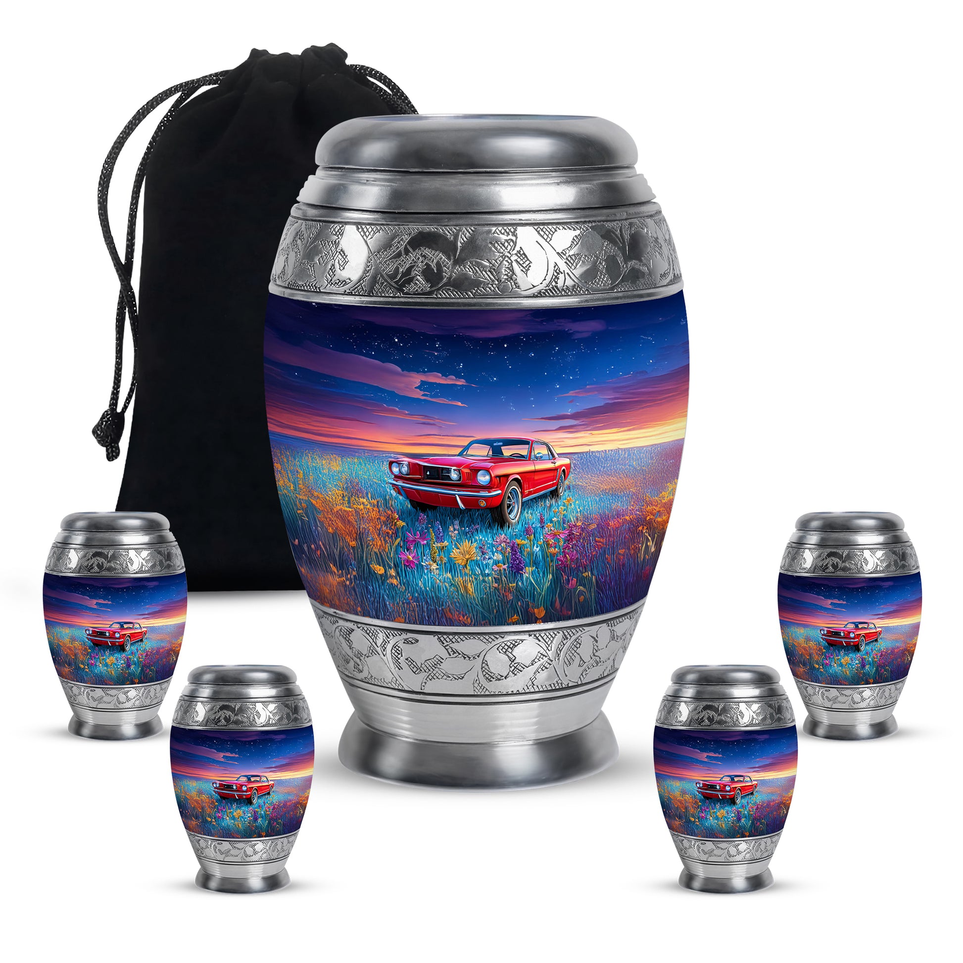 Vivid Blue Car Cremation Urn detail view - royal car engraving with decorative scrollwork - memorial set with one large and four small urns