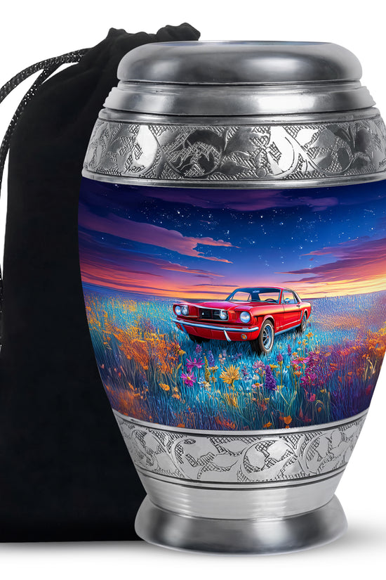 Powder Blue Car Cremation Urn back view with polished surface - ornate monarch-style car relief on brushed aluminum - full-size 10 inch 200 cubic inch adult cremation urn