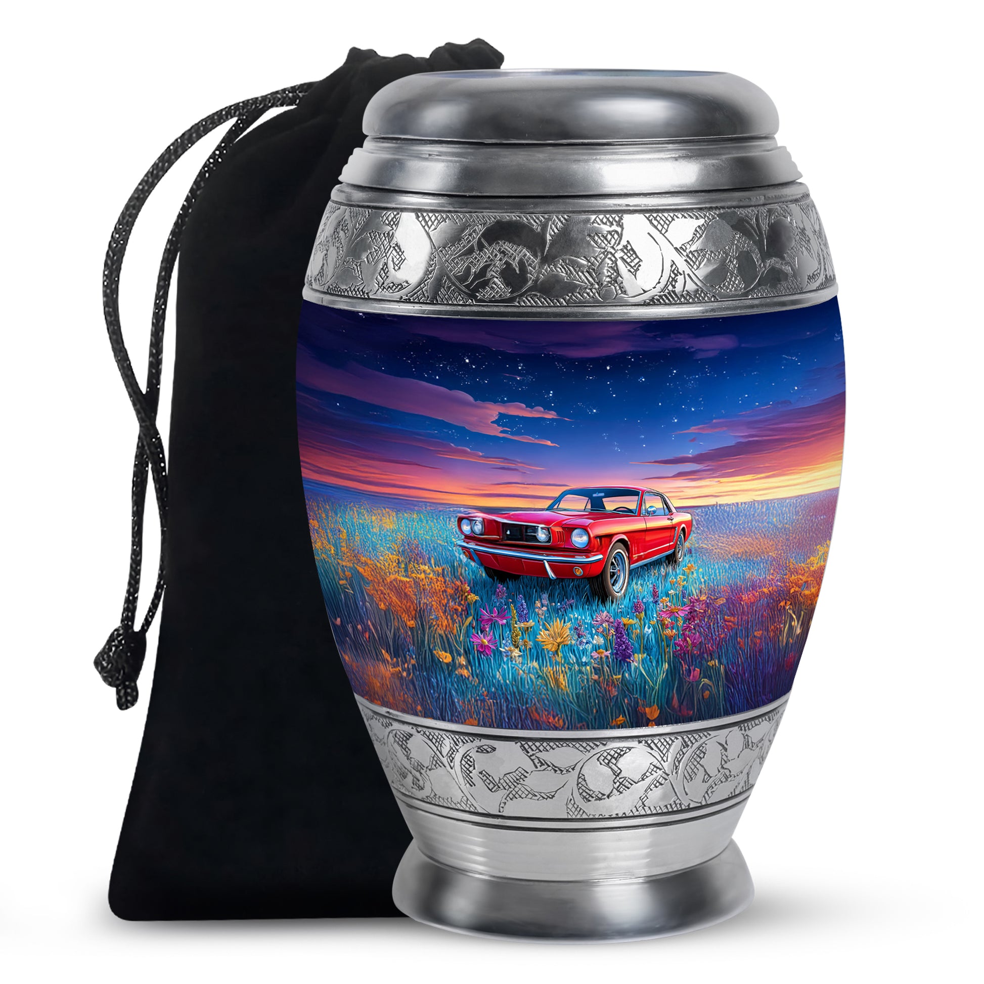 Powder Blue Car Cremation Urn back view with polished surface - ornate monarch-style car relief on brushed aluminum - full-size 10 inch 200 cubic inch adult cremation urn