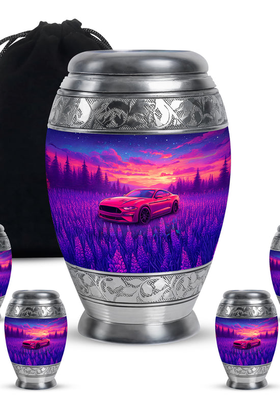 Royal Blue Car Cremation Urn detail view - majestic car pattern with filigree border - memorial set with one large and four small urns