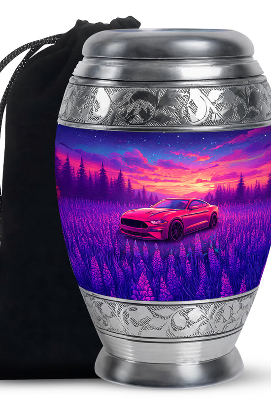 Serene Blue Car Cremation Urn back view with polished surface - royal car engraving with decorative scrollwork - full-size 10 inch 200 cubic inch adult cremation urn