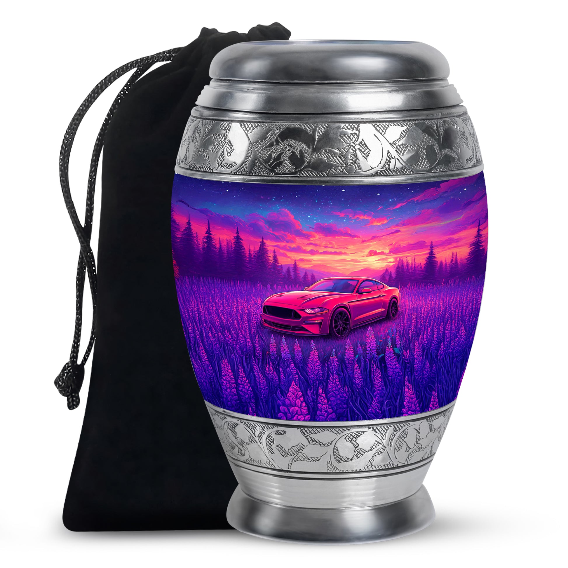 Serene Blue Car Cremation Urn back view with polished surface - royal car engraving with decorative scrollwork - full-size 10 inch 200 cubic inch adult cremation urn