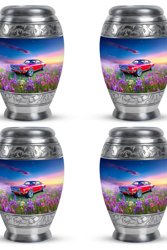 Calming Blue Car Cremation Urn urn with complimentary velvet bag - royal car engraving with decorative scrollwork - 10 inch aluminum urn for cremated remains