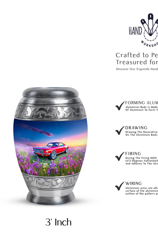 Indigo Car Cremation Urn lifestyle display on memorial shelf - ornate monarch-style car relief on brushed aluminum - mini keepsake memorial for portion of cremation ashes