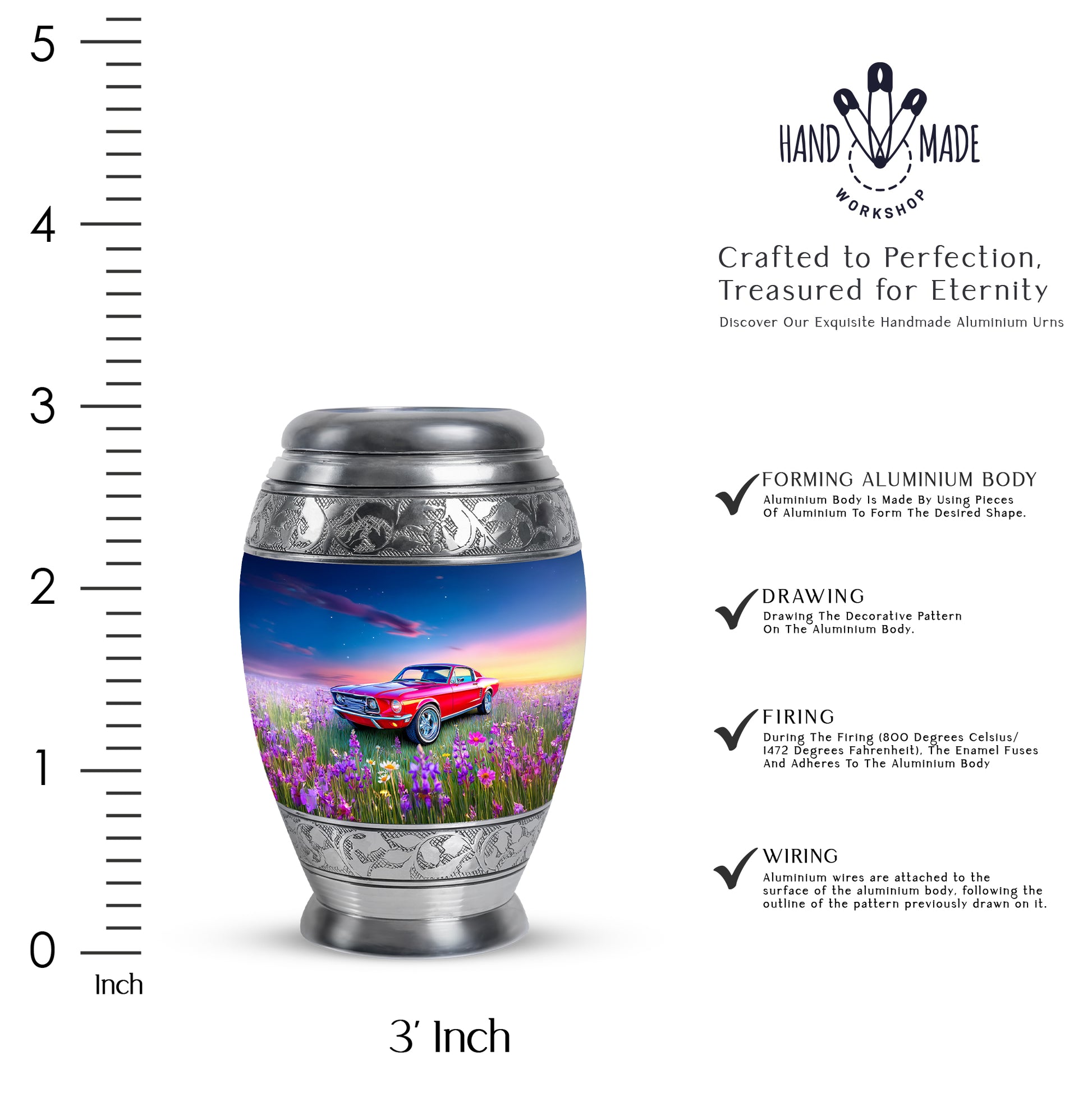 Indigo Car Cremation Urn lifestyle display on memorial shelf - ornate monarch-style car relief on brushed aluminum - mini keepsake memorial for portion of cremation ashes
