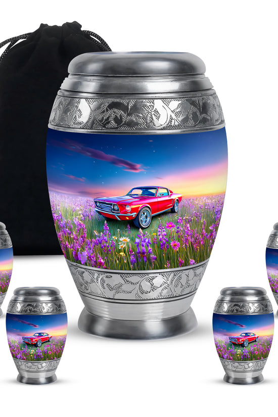 Misty Blue Car Cremation Urn detail view - regal car design with crown-inspired accents - memorial set with one large and four small urns