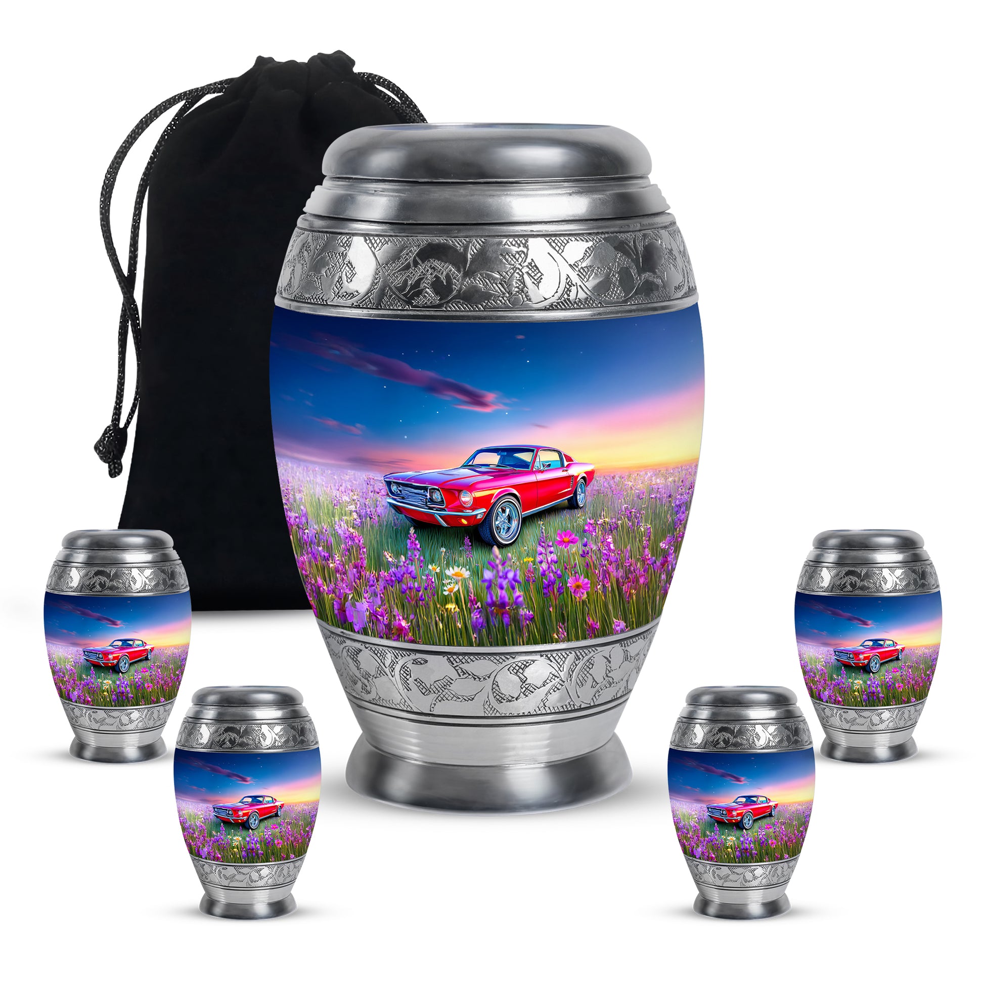 Misty Blue Car Cremation Urn detail view - regal car design with crown-inspired accents - memorial set with one large and four small urns