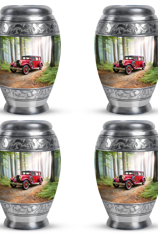 Hunter Green Car Cremation Urn urn with complimentary velvet bag - majestic car pattern with filigree border - 10 inch aluminum urn for cremated remains