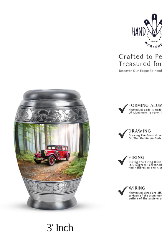 Olive Green Car Cremation Urn lifestyle display on memorial shelf - majestic car pattern with filigree border - mini keepsake memorial for portion of cremation ashes