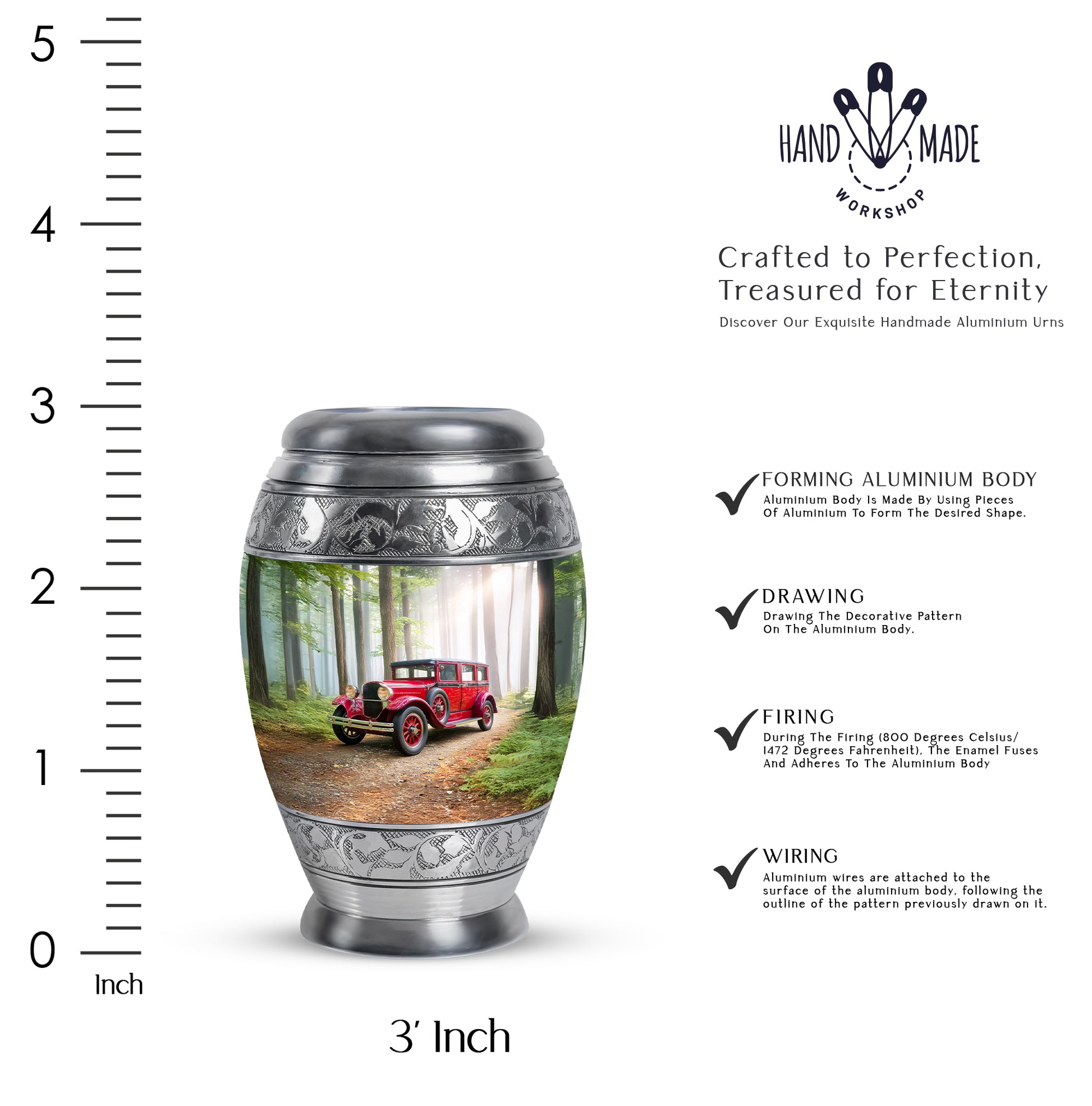 Olive Green Car Cremation Urn lifestyle display on memorial shelf - majestic car pattern with filigree border - mini keepsake memorial for portion of cremation ashes
