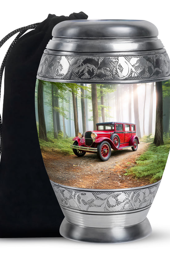 Red Antique Car Cremation Urn - Scenic Forest Memorial Urn For Loved Ones