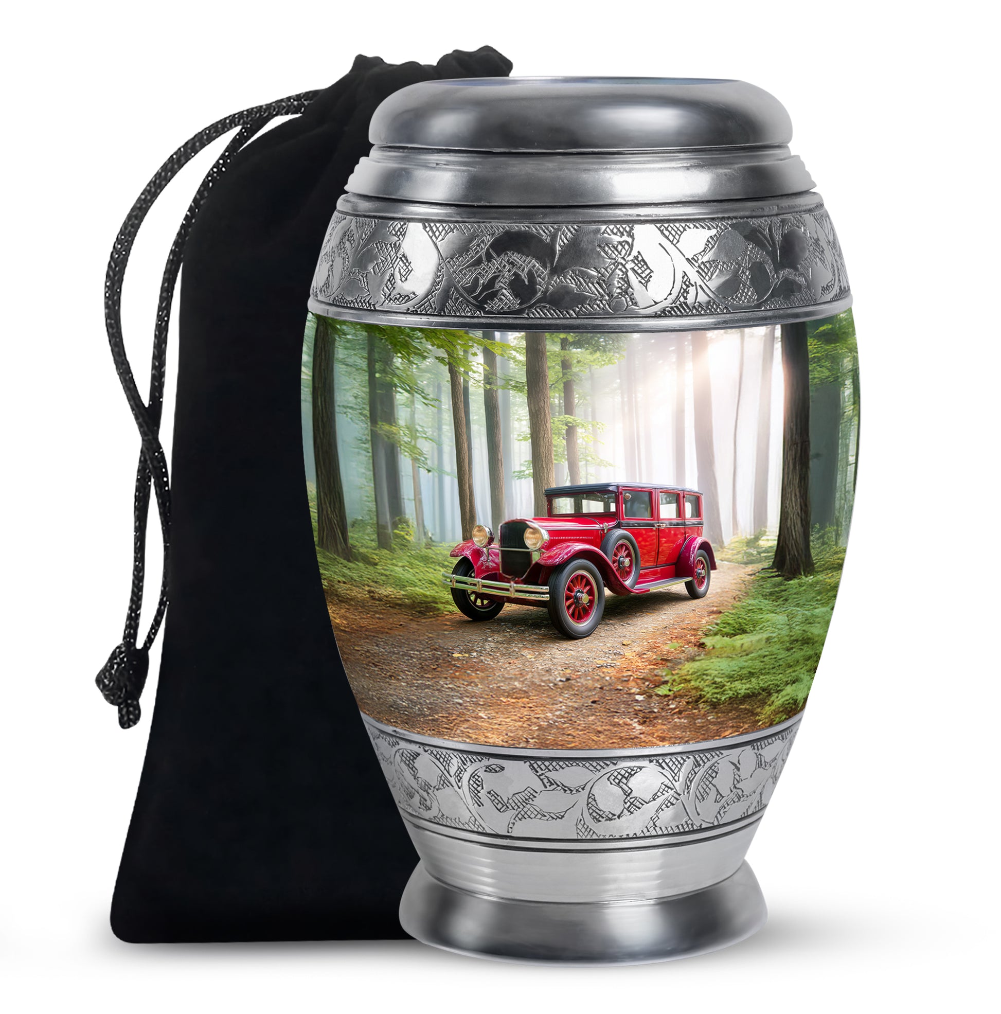 Red Antique Car Cremation Urn - Scenic Forest Memorial Urn For Loved Ones