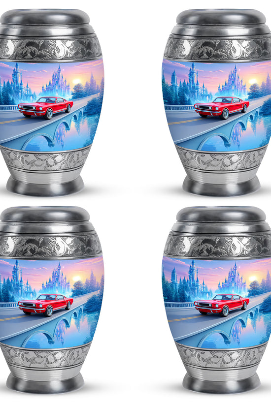 Bright Blue Car Cremation Urn urn with complimentary velvet bag - majestic car pattern with filigree border - 10 inch aluminum urn for cremated remains