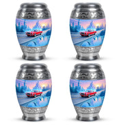 Bright Blue Car Cremation Urn urn with complimentary velvet bag - majestic car pattern with filigree border - 10 inch aluminum urn for cremated remains