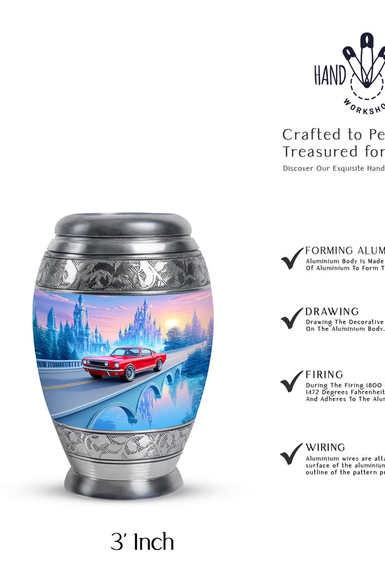 Sky Blue Car Cremation Urn lifestyle display on memorial shelf - regal car design with crown-inspired accents - mini keepsake memorial for portion of cremation ashes