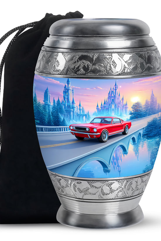 Red Old Car Memorial Urn - Large Aluminium Cremation Urn For Adult Ashes