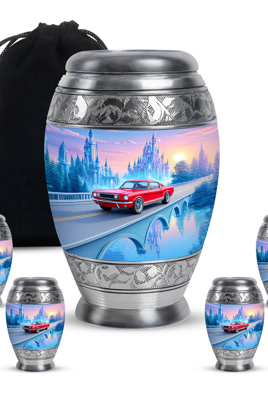 Celestial Blue Car Cremation Urn detail view - regal car design with crown-inspired accents - memorial set with one large and four small urns